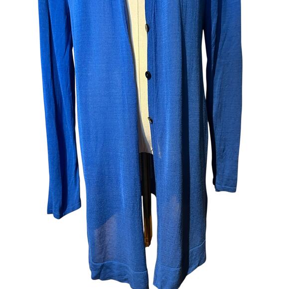J. Jill Wearever Cardigan Tunic Top Blue SZ Med Semi Sheer Long Button Down - Picture 4 of 8